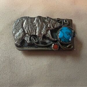 Vintage Navajo Bear Turquoise and Coral Money Clip